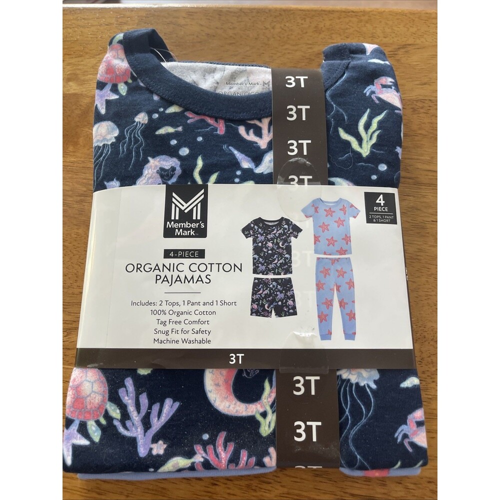 Members Mark 4 Piece Organic Cotton Girls PJ’s Set Size 8 Ocean Starfish Theme